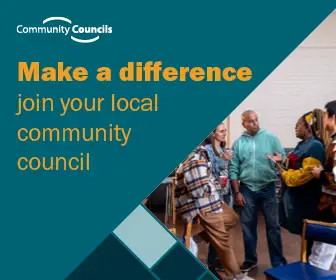 An image of a group of people talking overlaid with text saying 'Community Councils' followed by 'Make a difference, join your local community council'.
